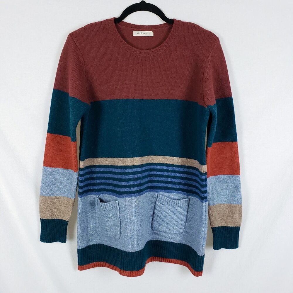 Woolovers 100% Lambswool Striped Tunic Sweater Womens S Retro Pockets Relaxed